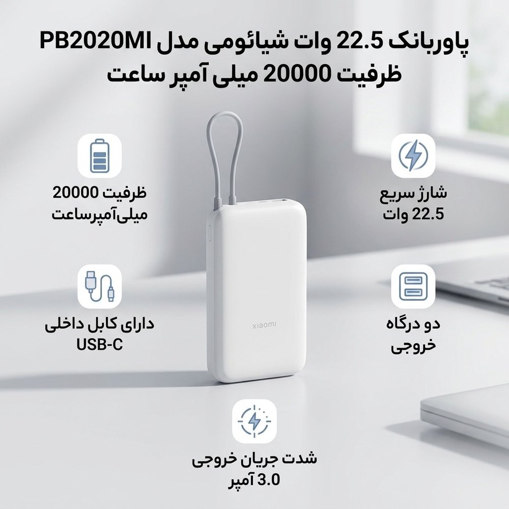 پاوربانک شیائومی PB2020MI ظرفیت ۲۰۰۰۰ میلیآمپرساعت توان ۲۲.۵ وات - نمای 2